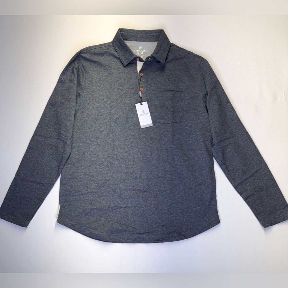NWT VEBOON Men's Polo Shirt Heathered‎ Gray long sleeve size Medium Casual Work